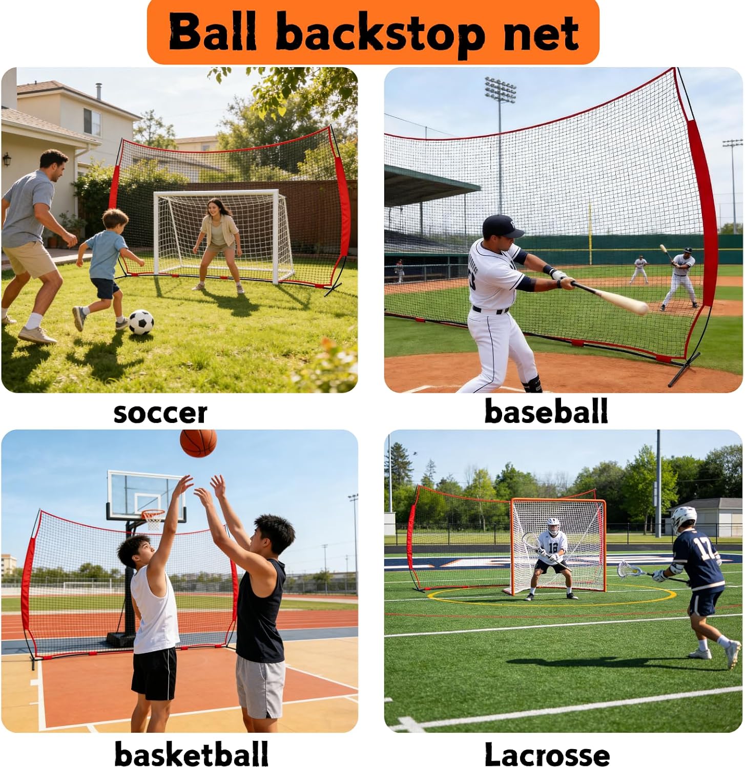 16x10FT Sports Barrier Net, Barricade Backstop Net with Upgrade Steel Frame, Protective Net for Baseball, Lacrosse, Soccer, Basketball & More