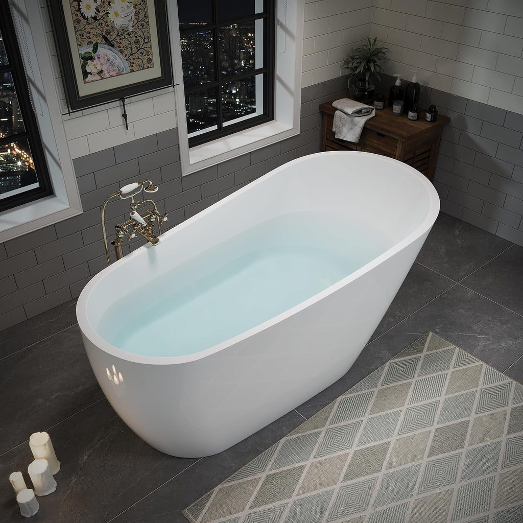 ABRUZZO 59'x27.56' Acrylic Freestanding Bathtub Contemporary Soaking Tub with Chrome Overflow and Drain High-Gloss White Finish cUPC Certified