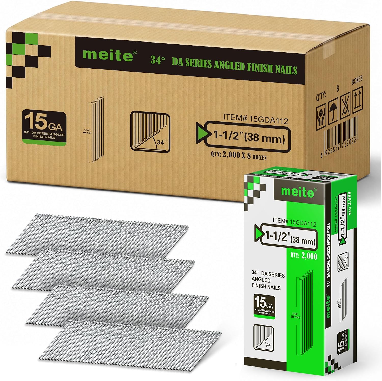meite 15 Gauge 34 Degree Angled Finish Nails 1-1/2-Inch Galvanized Finishing Nails for Nail Gun, DA Series Glue-collated Nail for Window Trimming/Cabinet, 16,000PCS