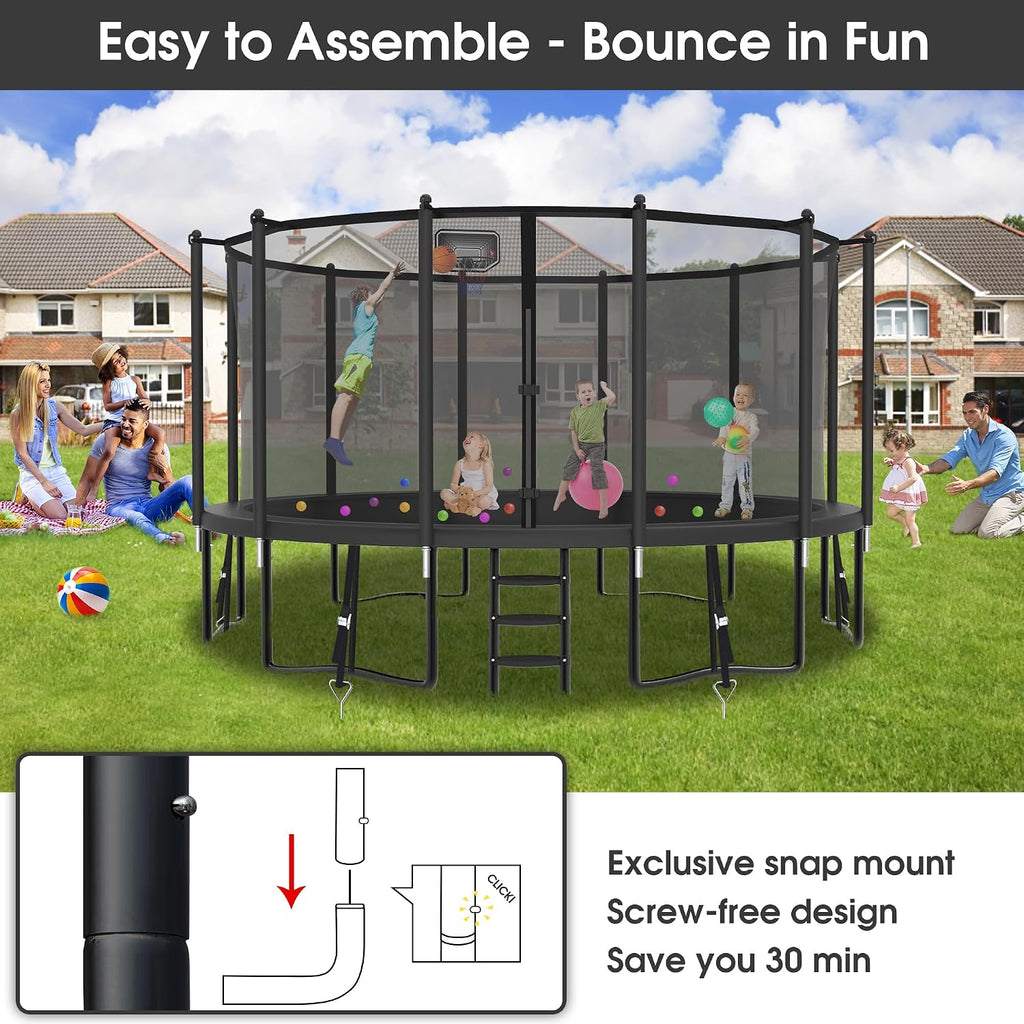 Exal Trampoline Outdoor with Basketball Hoop and Enclosure Net, 1500LBS Backyard Heavy Duty Trampoline ASTM CPC Certified Kids Trampoline, Light, Sprinkler, Socks, No-Gap Pad, Wind Stakes Included