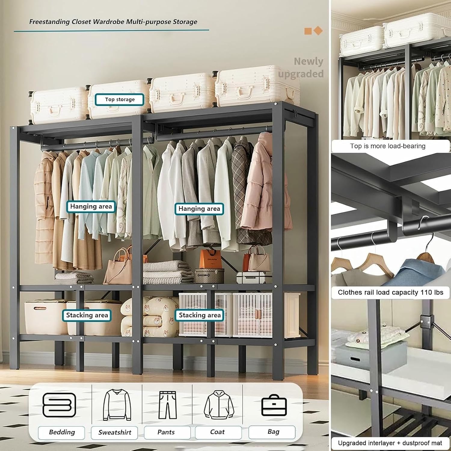 Heavy Duty Metal Clothing Rack with Cover Foldable Covered Clothes Rack with 2 Hanging Rods Garment Rack Wardrobe Clothes Organizer