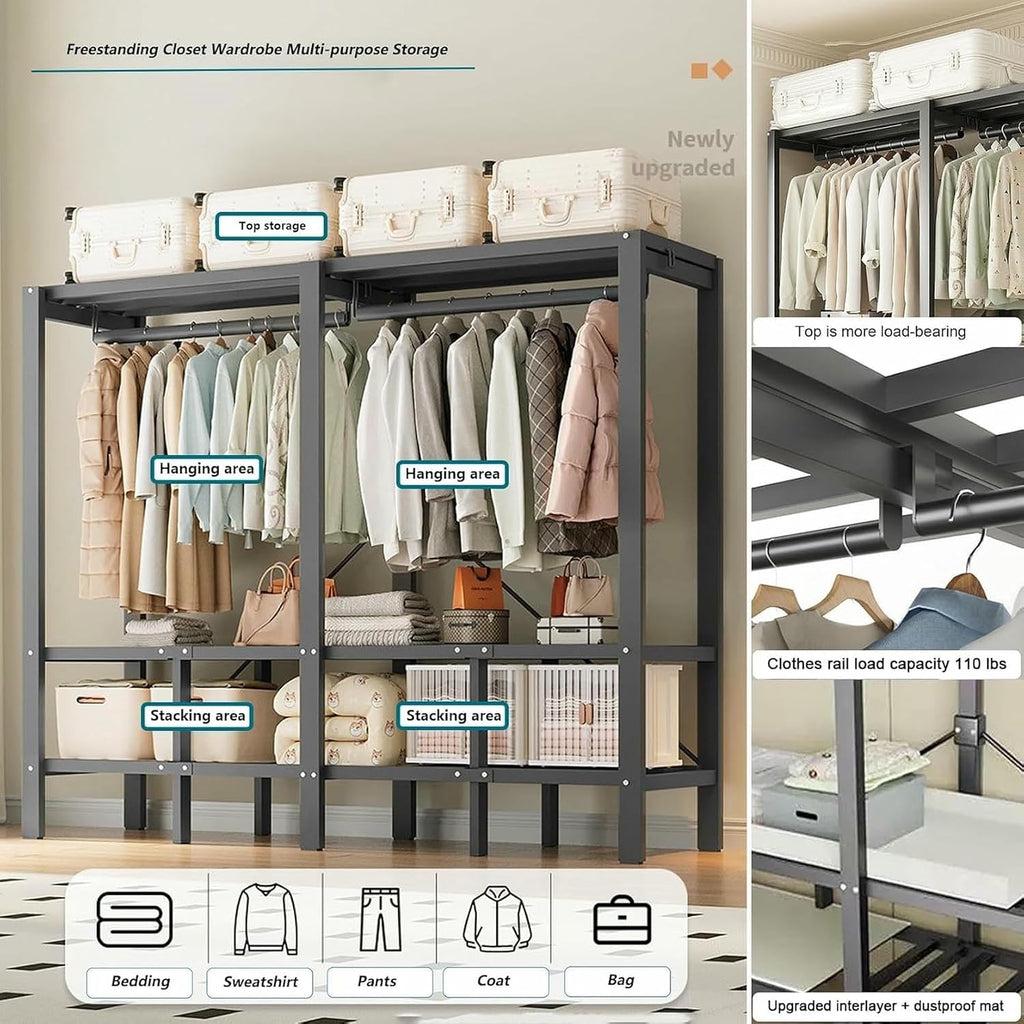 Heavy Duty Metal Clothing Rack with Cover Foldable Covered Clothes Rack with 2 Hanging Rods Garment Rack Wardrobe Clothes Organizer