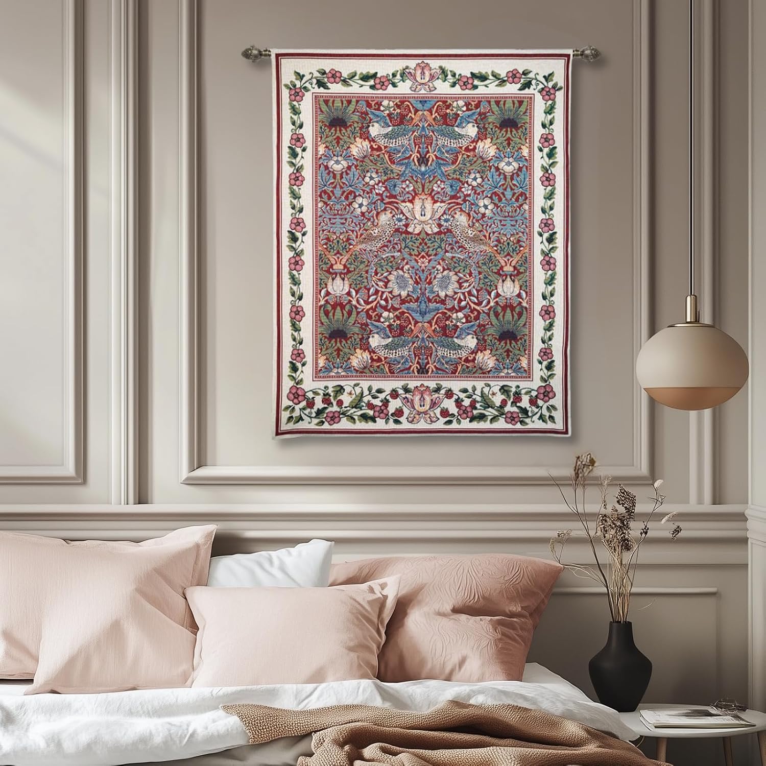 ORIMONY William Morris Strawberry Thief Tapestry - Vintage Floral Bird Art, Medieval Jacquard Woven Tapestry Wall Hanging for Living Room & Bedroom Size 27'x35' (Red)