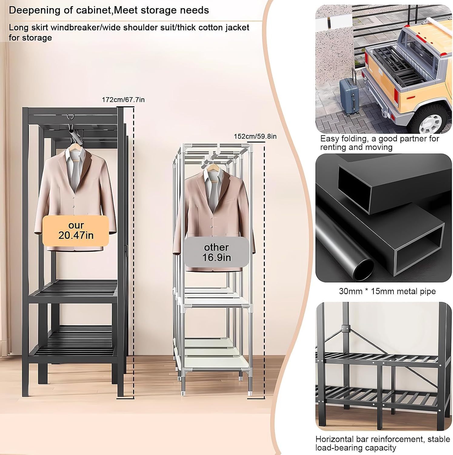 Metal Clothes Drying Rack - Heavy Duty Clothes Rack With Cover 1200lbs Portable Closets For Hanging Clothes Foldable Portable Wardrobe Closet For Bedroom Garment Rack With 2 Hanging Rod(242cm/95in)