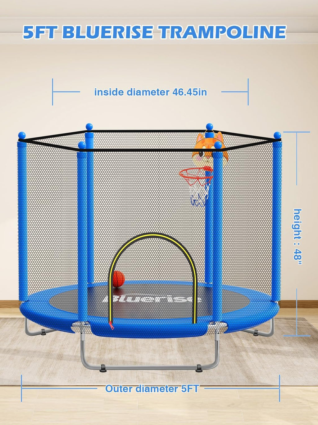 BLUERISE 60' Trampoline for Kids 5FT Toddler Trampolines Indoor/Outdoor with Adjustable Gymnastics Bar & Safety Net, No-Gap Design, Anti-Rollover Bottom, Basketball Hoop, Gifts for Boys & Girls