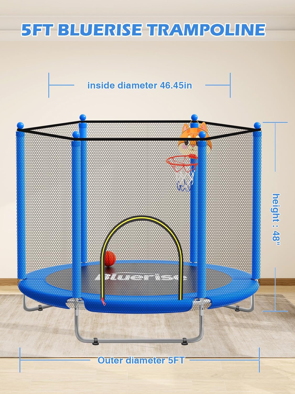 BLUERISE 60' Trampoline for Kids 5FT Toddler Trampolines Indoor/Outdoor with Adjustable Gymnastics Bar & Safety Net, No-Gap Design, Anti-Rollover Bottom, Basketball Hoop, Gifts for Boys & Girls