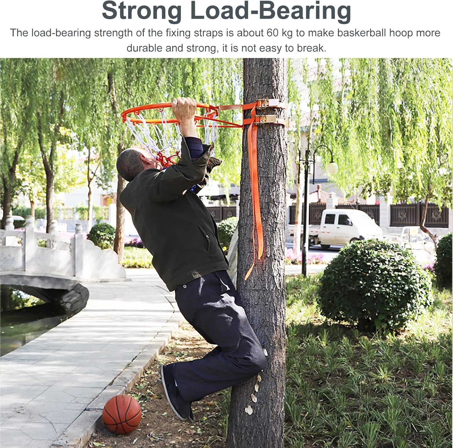 Wall Mounted Basketball Hoop for Kids & Adults, Portable Outdoor Basketball Goal Set with 2 Straps, 45cm Rim, Ideal for Tree or Pole Installation