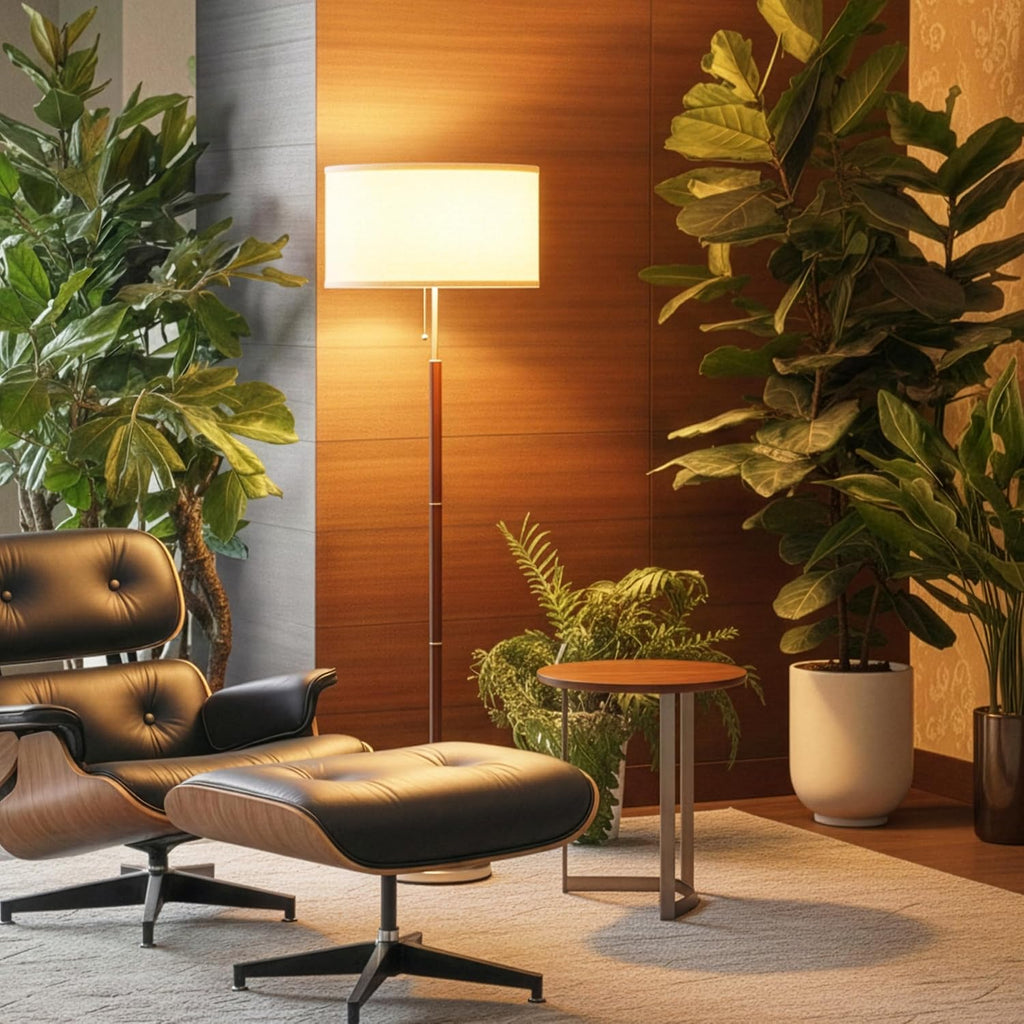 Brightech Carter LED Floor Lamp, Drum Shade with Walnut Wood Finish, Great Living Room Décor, Mid-Century Light for Living Rooms & Offices, Mid Century Modern Lamp for Bedroom