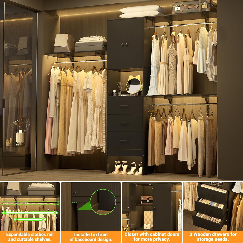 Armocity 96 Inches Closet System with Doors, 8FT Walk In Closet Organizer with 3 Shelving Towers, Heavy Duty Clothes Garment Rack with 3 Wood Drawers, 96' L x 16' W x 80' H, Max Load 1000 LBS, Black