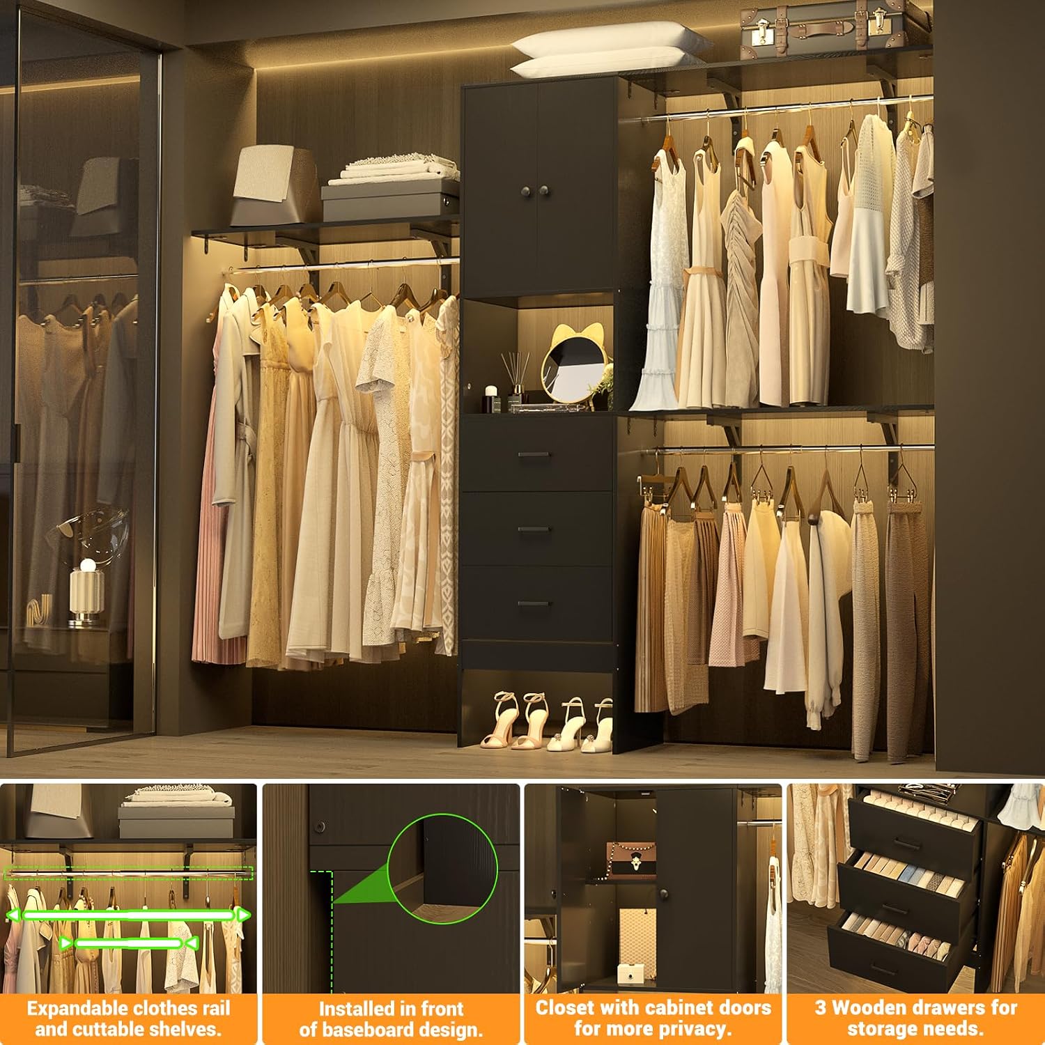 Armocity 96 Inches Closet System with Doors, 8FT Walk In Closet Organizer with 3 Shelving Towers, Heavy Duty Clothes Garment Rack with 3 Wood Drawers, 96' L x 16' W x 80' H, Max Load 1000 LBS, Black