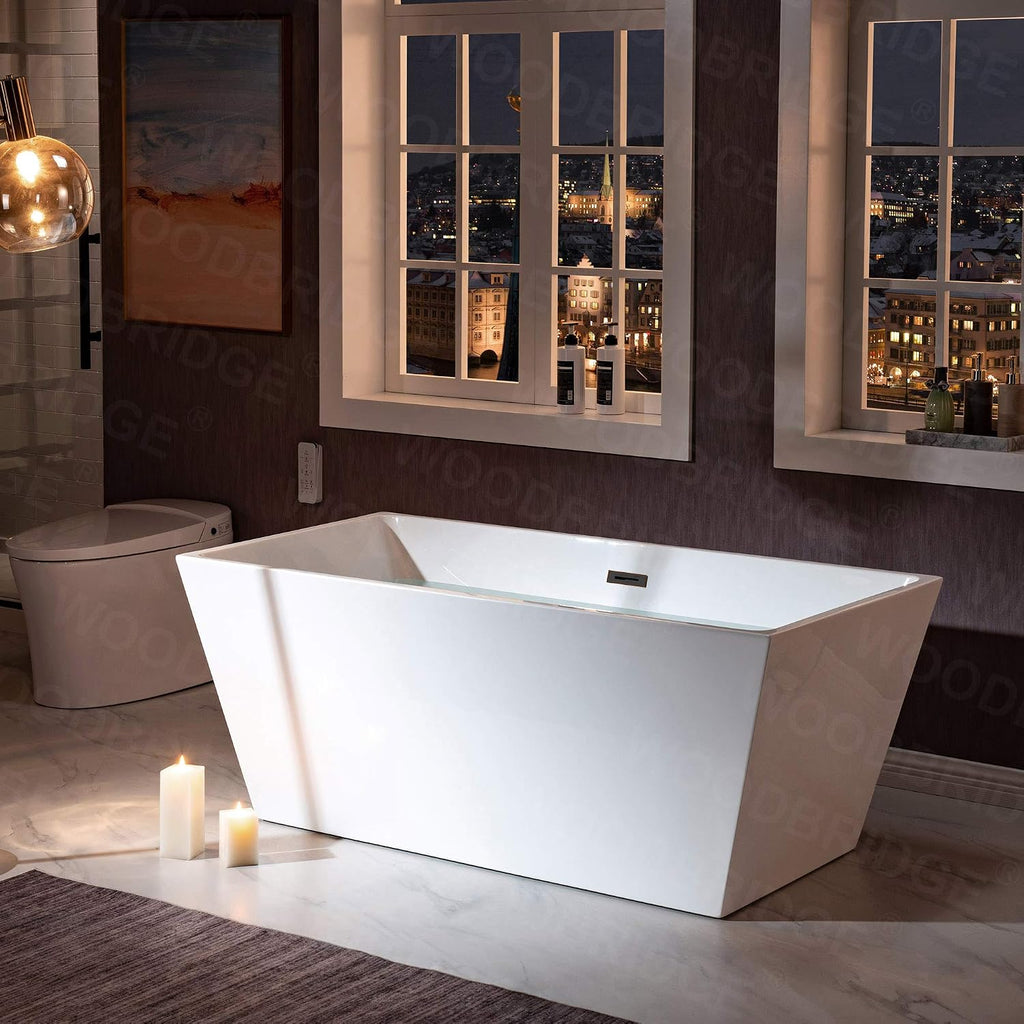 WOODBRIDGE 59' Acrylic Freestanding Bathtub Contemporary Soaking White Tub with Matte Black Overflow and Drain，BTA1412-MB-Drain&O
