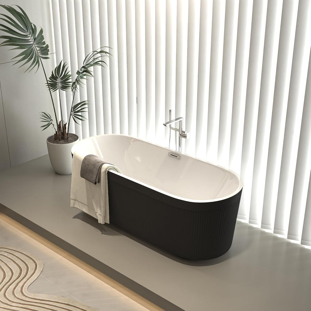 59' Acrylic Freestanding Bathtub with Unique Pleated Design: Spacious Oval Shape, Gloss Black Finish, Chrome Overflow & Pop-Up Drain