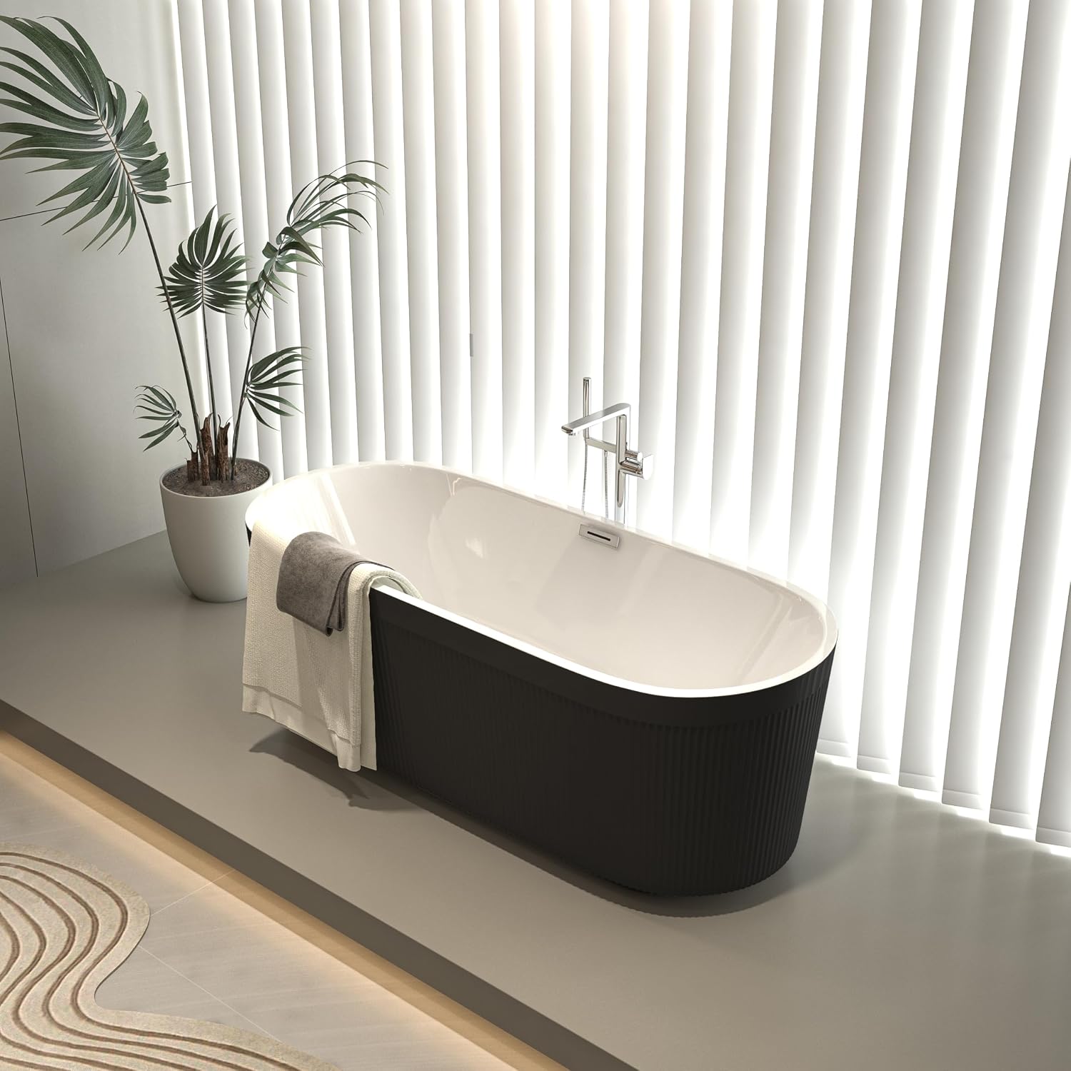 59' Acrylic Freestanding Bathtub with Unique Pleated Design: Spacious Oval Shape, Gloss Black Finish, Chrome Overflow & Pop-Up Drain