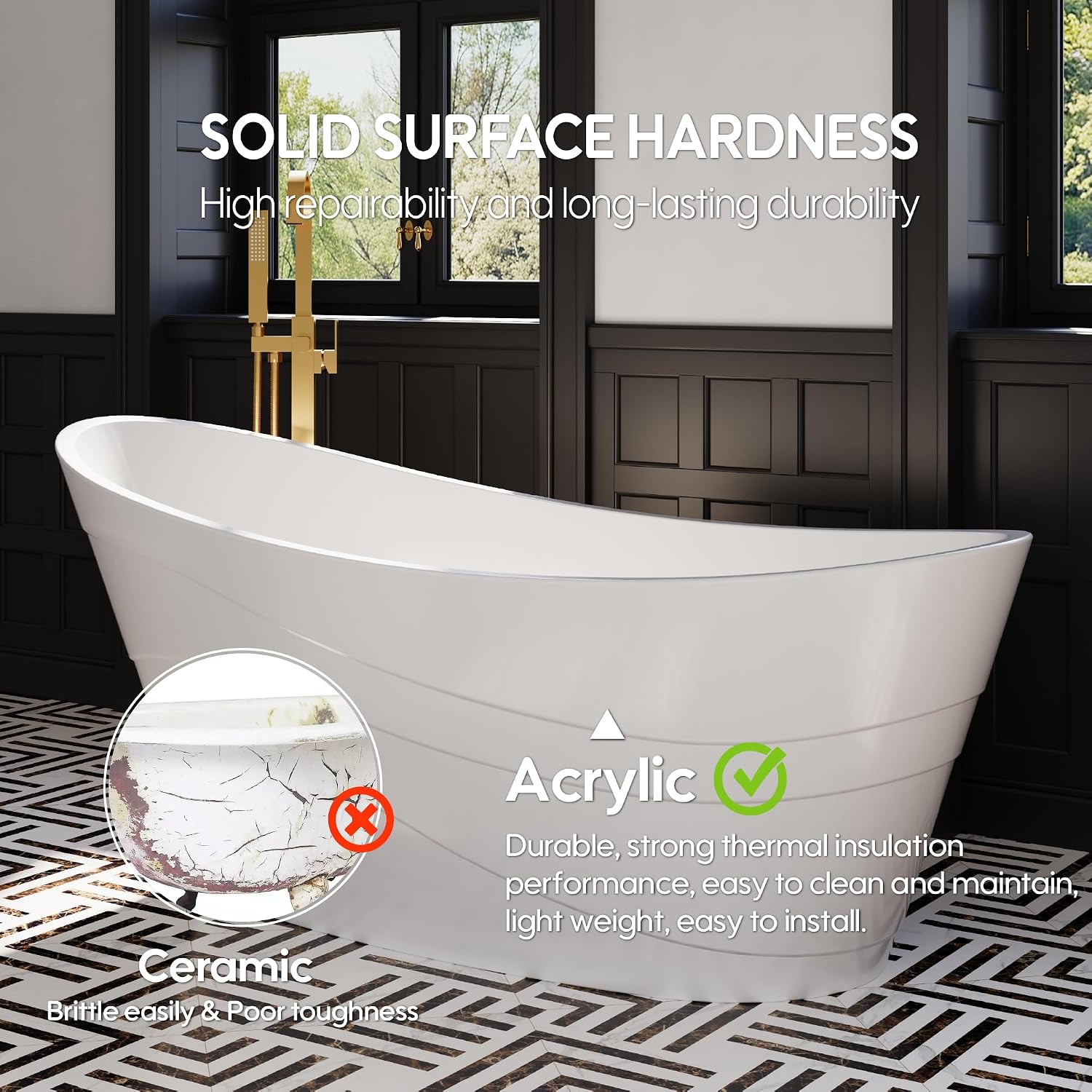 WELLFOR 67' Freestanding Acrylic Bathtub with Drain and Integrated Slotted Overflow, Soaking Bath Tub with Predrilled Overflow Holes, Soaking Bath Tub 58 Gallons Capacity, Glossy White