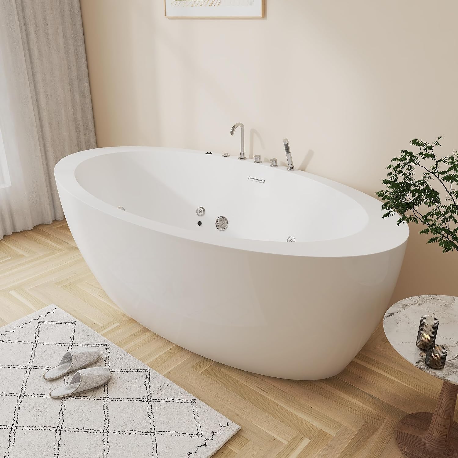 71' Premium Whirlpool Water Jetted and Chromatherapy LED Lights Freestanding Tub Soaking Oval Acrylic Bathtub With Faucet, Gloss White with Overflow and Drain