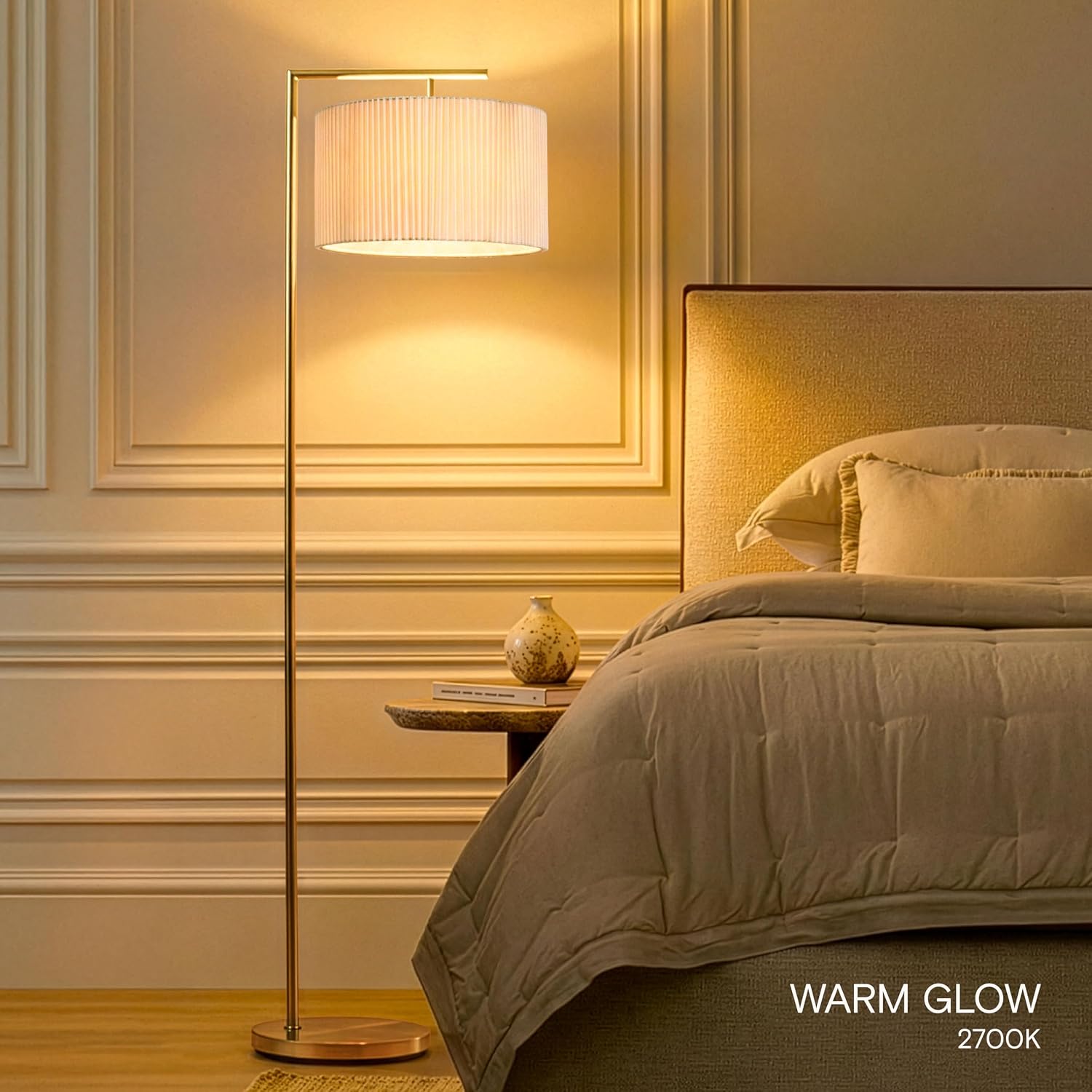 Brightech Montage Modern Floor Lamp - LED Standing Lamp with Tan Shade for Living Rooms & Offices - Bedroom Reading Light - Tall Corner Pole Lamp for Contemporary Home Decor - Antique Brass