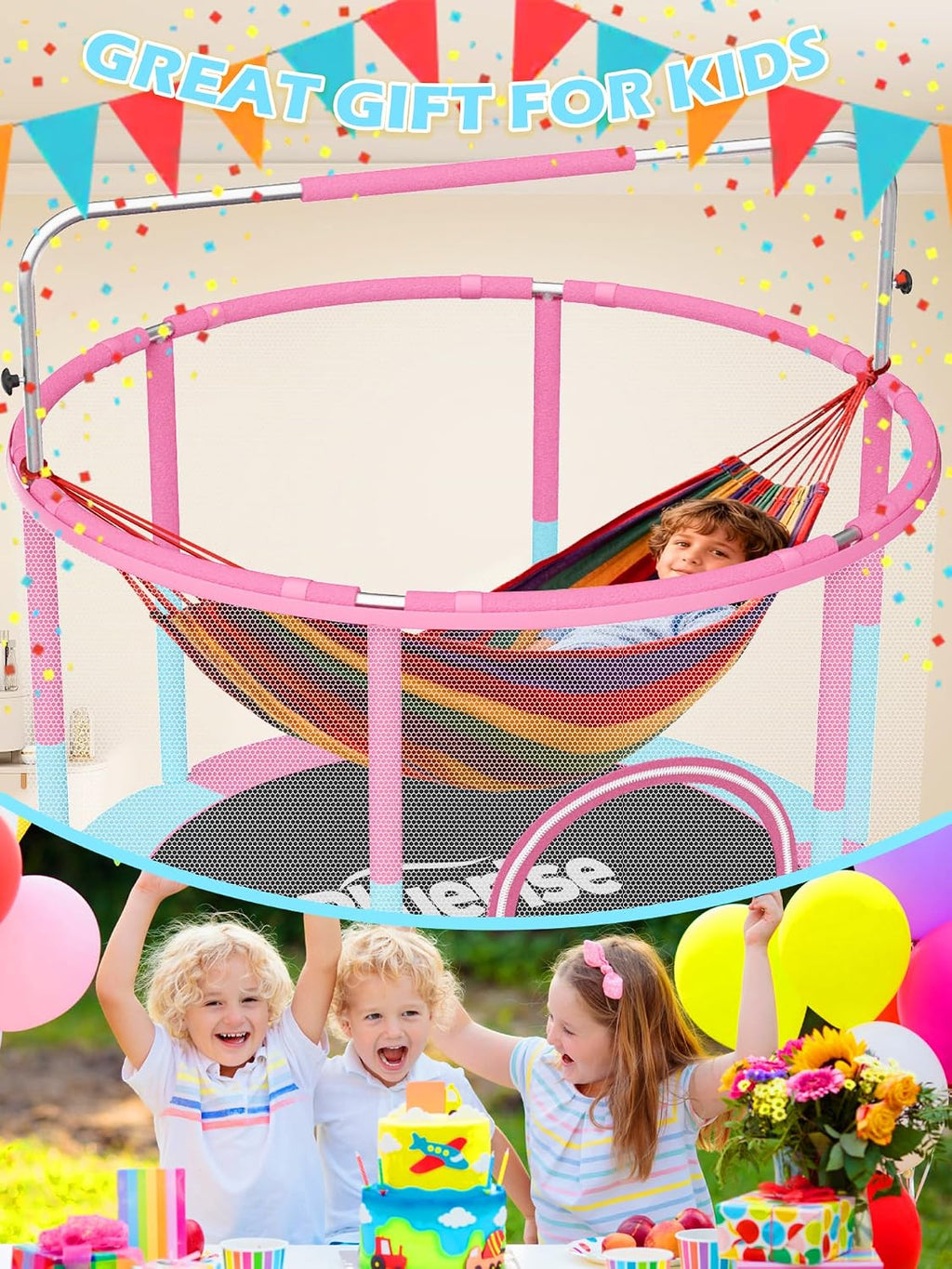 BLUERISE 60' Trampoline for Kids 5FT Toddler Trampolines Indoor/Outdoor with Adjustable Gymnastics Bar & Safety Net, No-Gap Design, Anti-Rollover Bottom, Basketball Hoop, Gifts for Boys & Girls