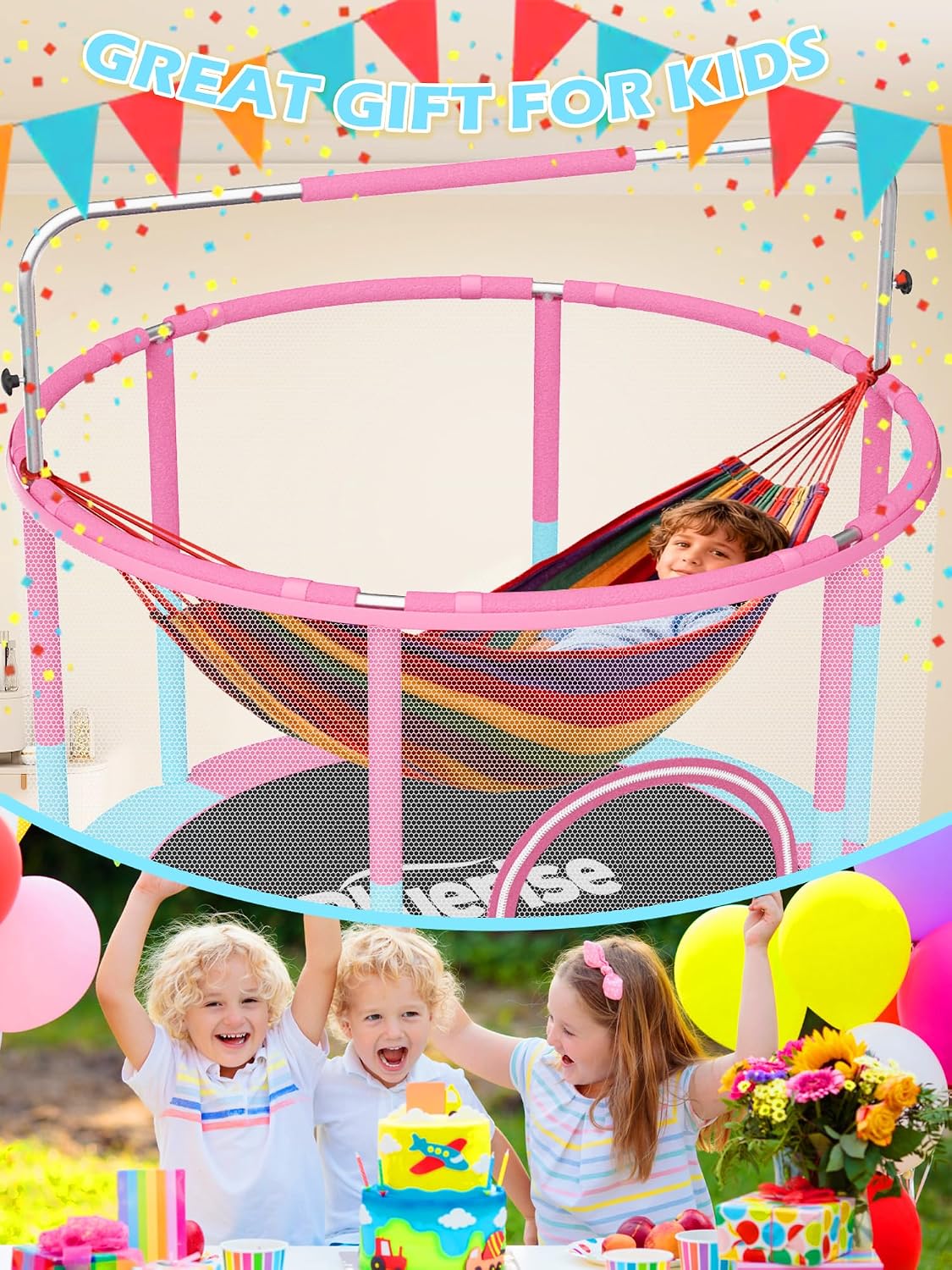 BLUERISE 60' Trampoline for Kids 5FT Toddler Trampolines Indoor/Outdoor with Adjustable Gymnastics Bar & Safety Net, No-Gap Design, Anti-Rollover Bottom, Basketball Hoop, Gifts for Boys & Girls