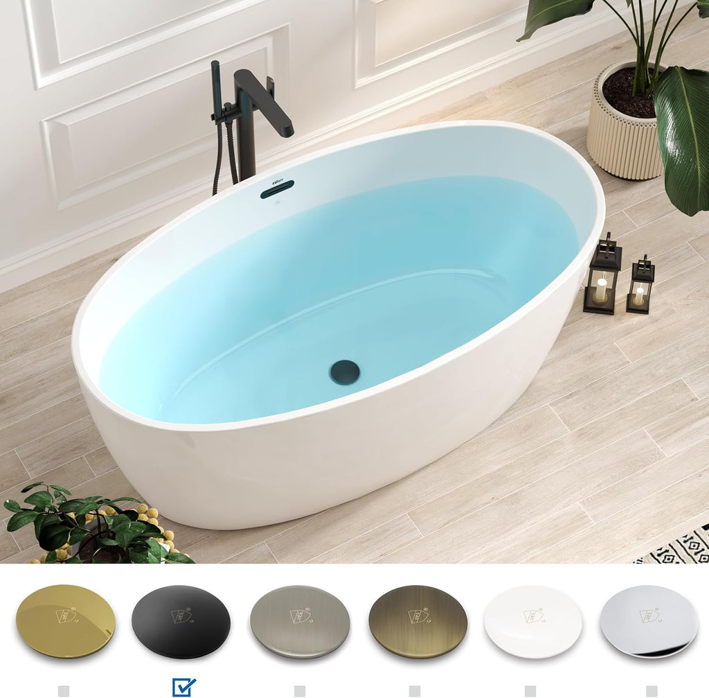 FerdY Tahiti 59' Acrylic Freestanding Bathtub, Elegant Oval Shape Soaking Bathtub, Glossy White, Matte Black Drain & Bath Pillow for Bathtub,Thick Tub Pillows, Breathable 4D Air Mesh