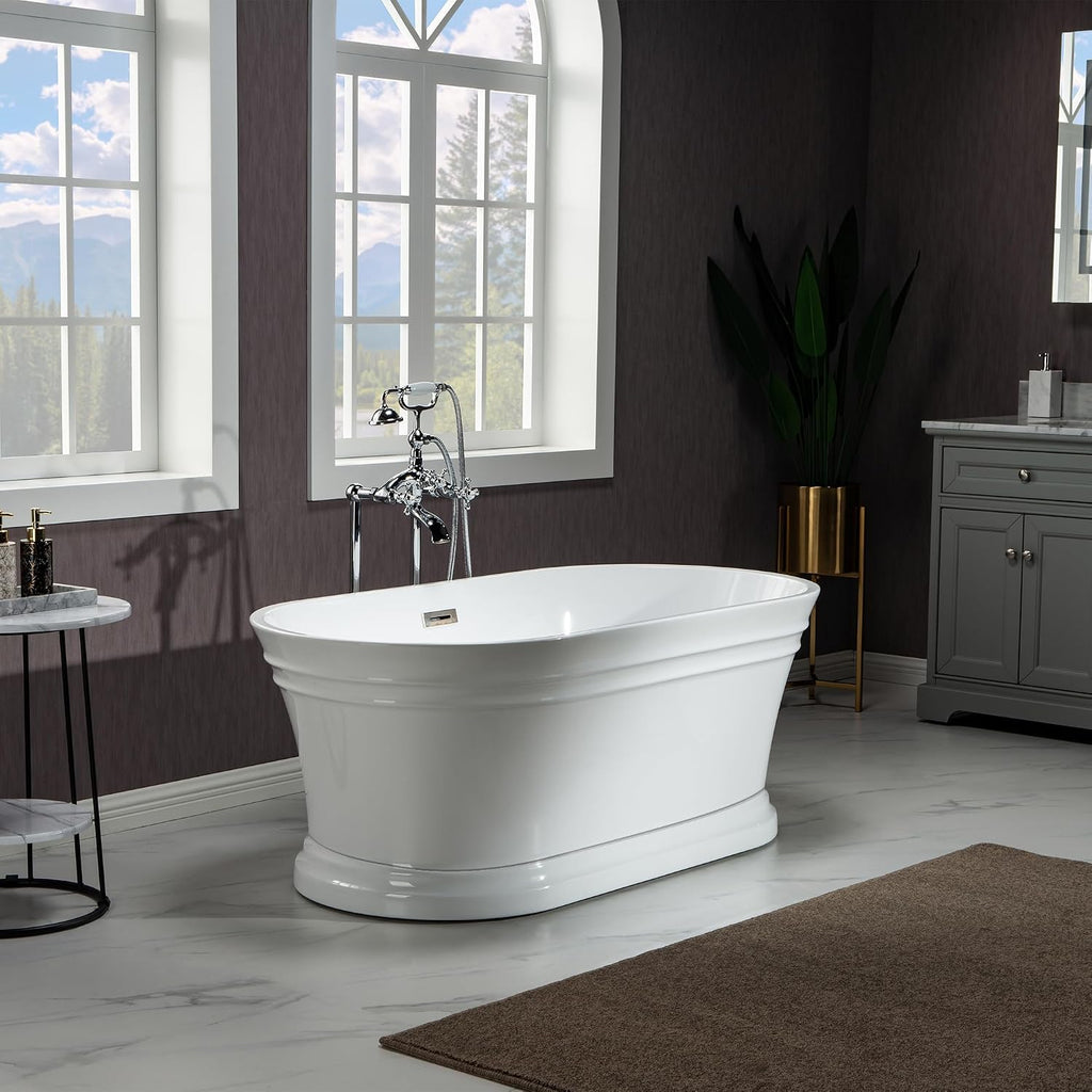 WOODBRIDGE 59'Freestanding White Acylic Soaking Bathtub with Chrome Drain and Overflow,B1536-C