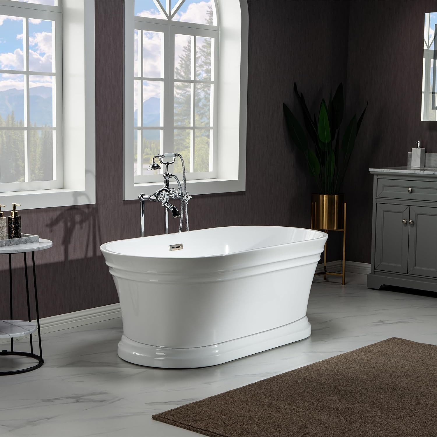 WOODBRIDGE 59'Freestanding White Acylic Soaking Bathtub with Chrome Drain and Overflow,B1536-C