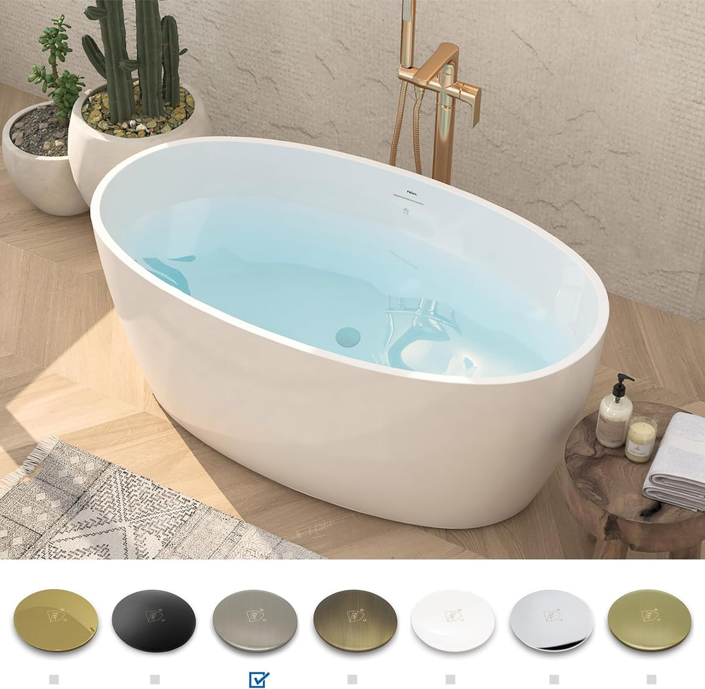 FerdY Tahiti 55' Acrylic Freestanding Bathtub, Elegant Oval Shape Soaking Bathtub, Glossy White, Brushed Nickel Drain & Integrated Slotted Overflow Assembly Included cUPC Certified
