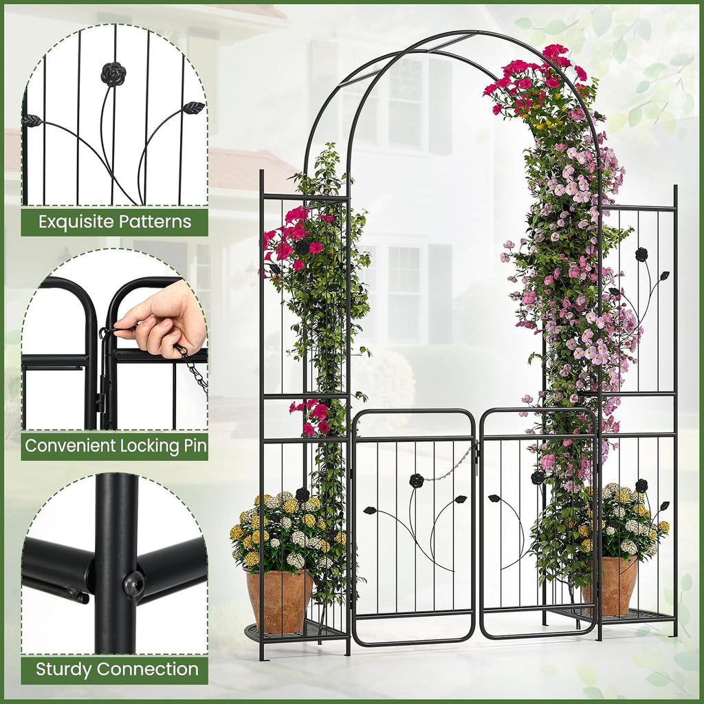 HAPPYGRILL 87' Garden Arbor with Gate, Garden Arch with Planter Shelves, Climbing Trellises, Metal Arbor Archway for Outdoor Climbing Plant Vine, Wedding Arch for Ceremony Backyard Patio Party Decor