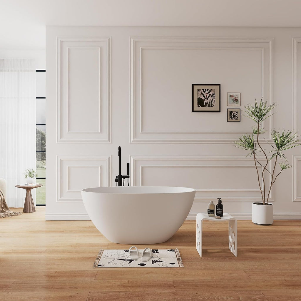 51' Modern Solid Surface Freestanding Bathtub,Oval Shape Stone Resin Soaking Tubs with Pop-up Drain and Overflow, Matte White