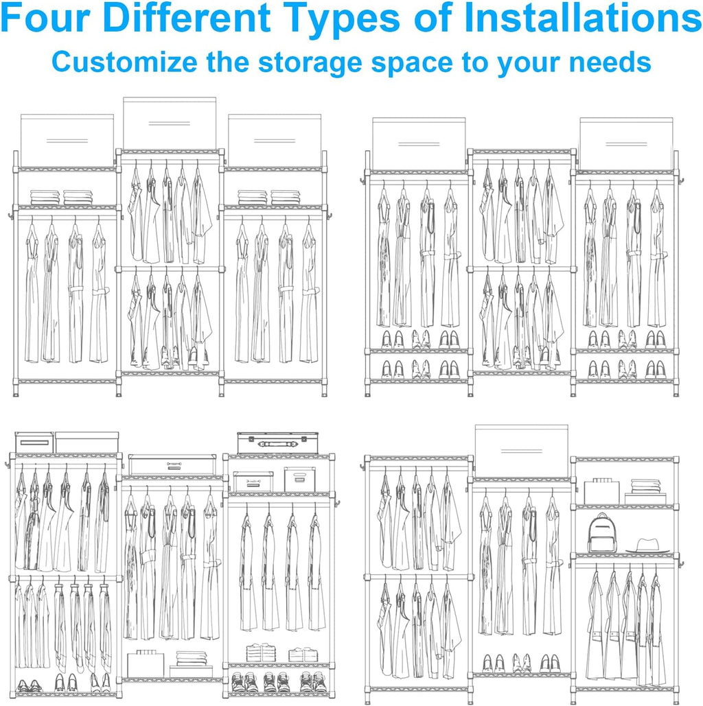 Ulif E10 (With Stretchable Hanger Rod) and E13C (With Dustproof Cover) Closet Organizer System, Freestanding Clothing Racks for Hanging Clothes，Adjustable Garment Rack