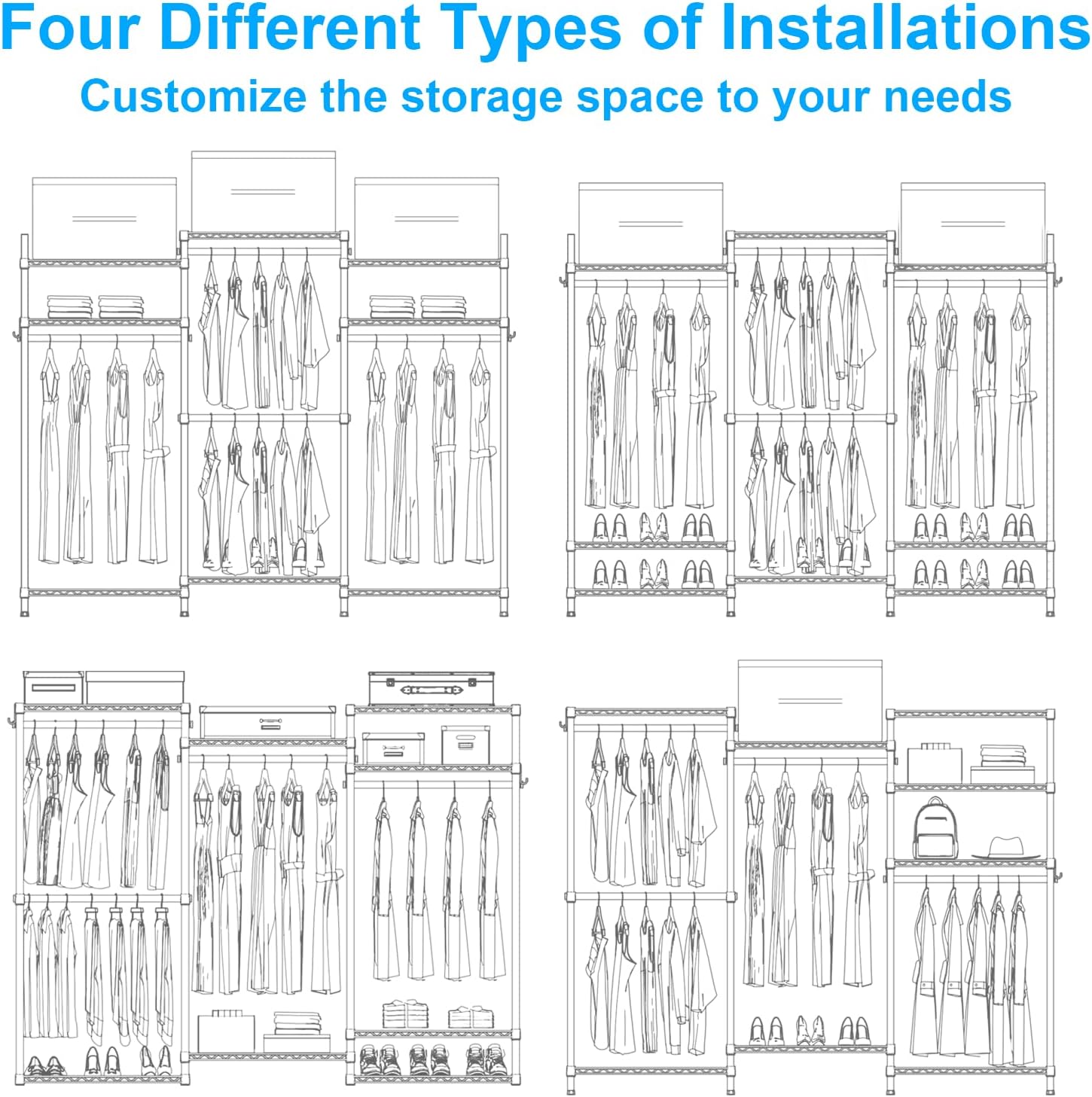 Ulif E10 (With Stretchable Hanger Rod) and E13C (With Dustproof Cover) Closet Organizer System, Freestanding Clothing Racks for Hanging Clothes，Adjustable Garment Rack
