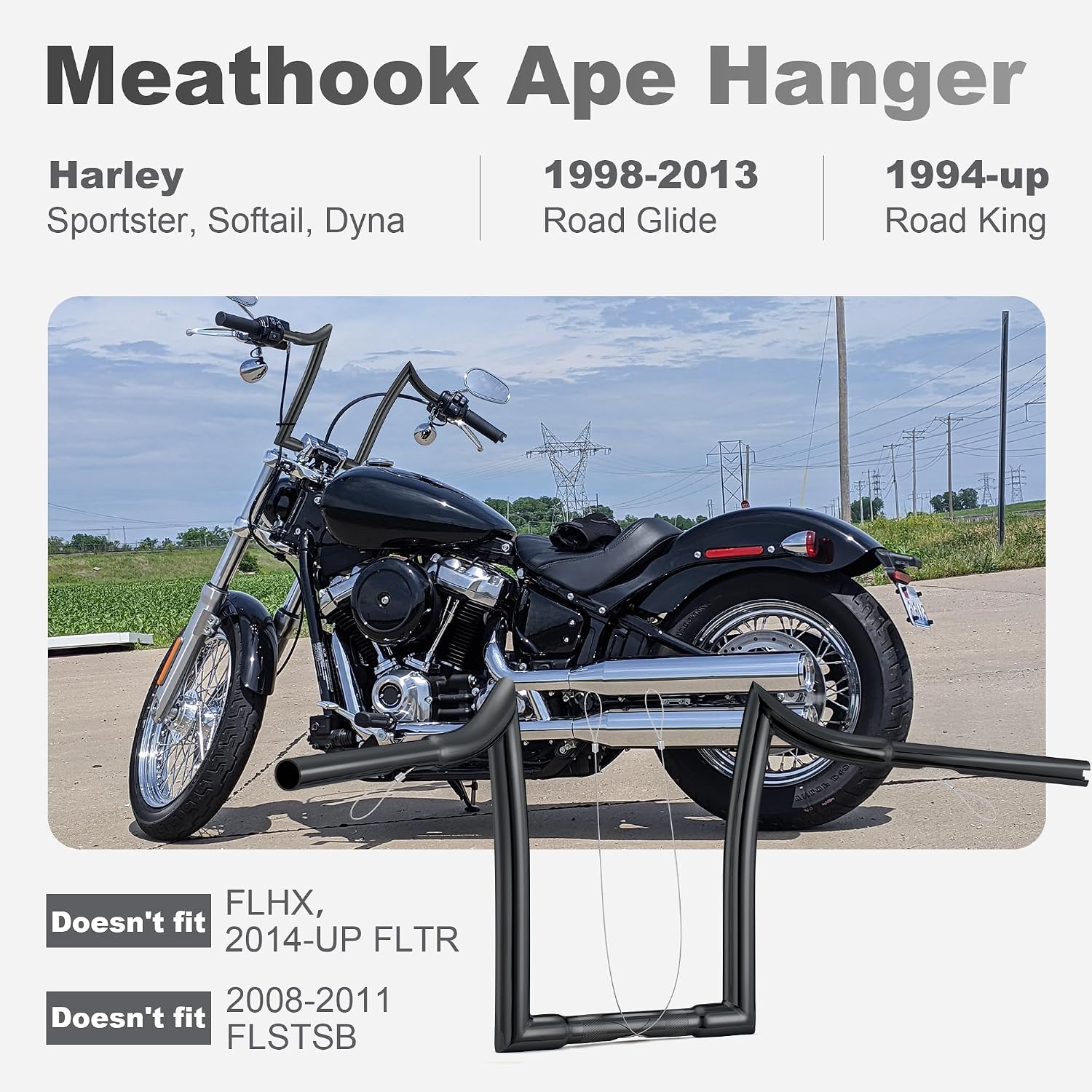MoKitDora Sportster Dyna Softail 12' Rise Ape Hangers 1.25' Fat 1' Clamp Handlebar Meathook Bars for Harley XL 883/1200,1994-up Road King & 1998-2013 Road Glide, Gloss Black