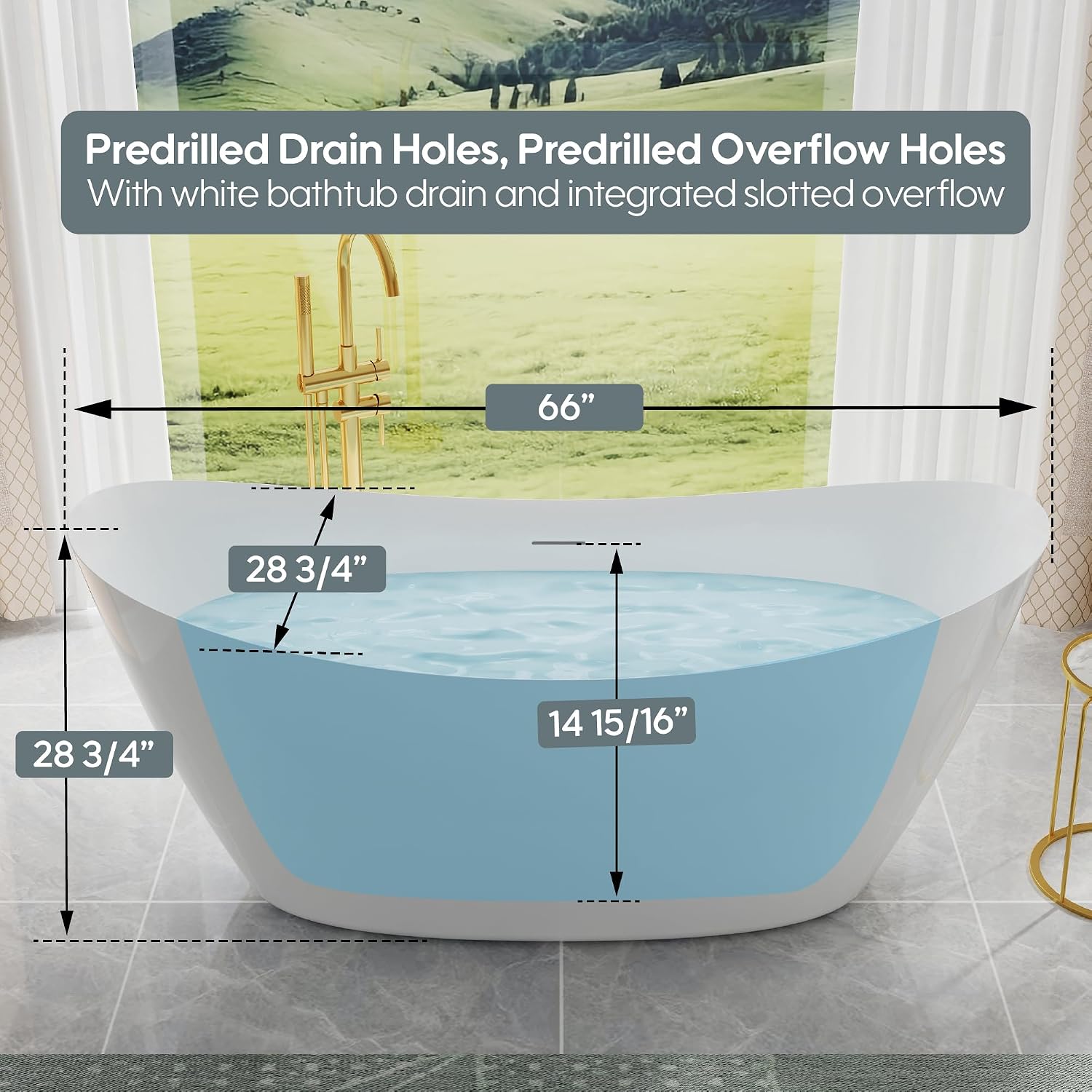 WELLFOR 60' Freestanding Acrylic Bathtub with Drain and Integrated Slotted Overflow, Soaking Bath Tub with Predrilled Overflow Holes, Soaking Bath Tub 56 Gallons Capacity, Glossy White
