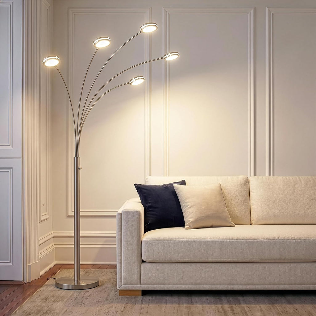 Brightech Orion Arc Floor Lamp for Living Room, Tree Floor Lamp with 5 Adjustable Arms, Multi-Head Standing Lamp with Flexible Rotating LEDs for Bedroom, Dorm - Bright Hanging Lighting - Satin Nickel