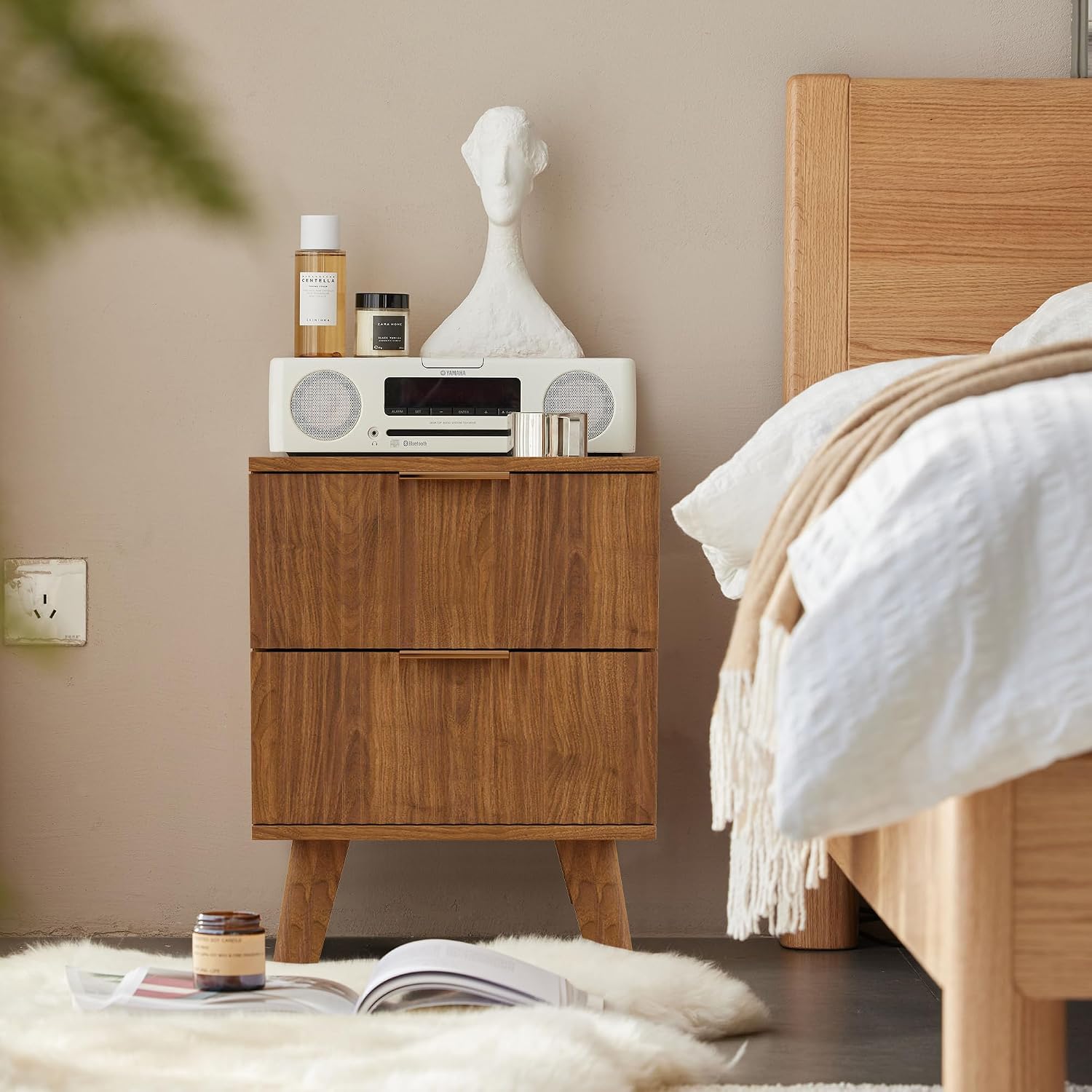 Nightstands Set of 2 with Drawers, Modern Large Striped Bed Side Table with 2 Drawers, Mid Century Modern Night Stand Set for Bedroom, Bedside End Table with Storage and Solid Wood Legs (Walnut)