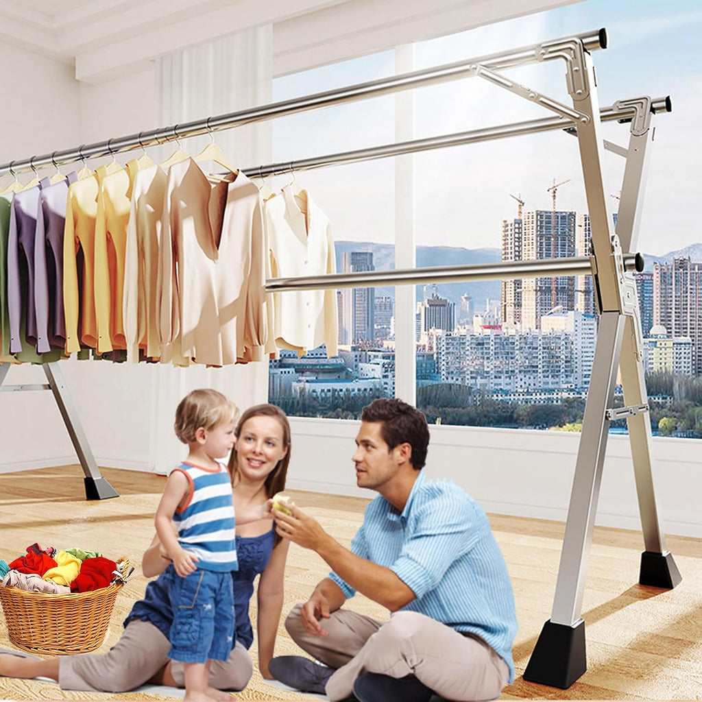 Clothes Drying Rack Folding Indoor,Garment Racks for Hanging Clothes Heavy Duty,Laundry Standing Shelf,Stainless Steel Laundry Stand,Saves Space(150cm/60 in)
