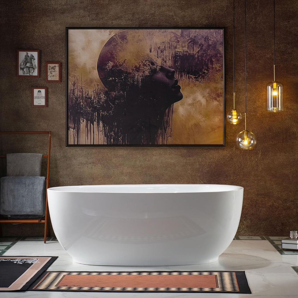 WOODBRIDGE 66' Acrylic Freestanding Bathtub Contemporary Soaking White Tub with Chrome Overflow and Drain，B0027-C