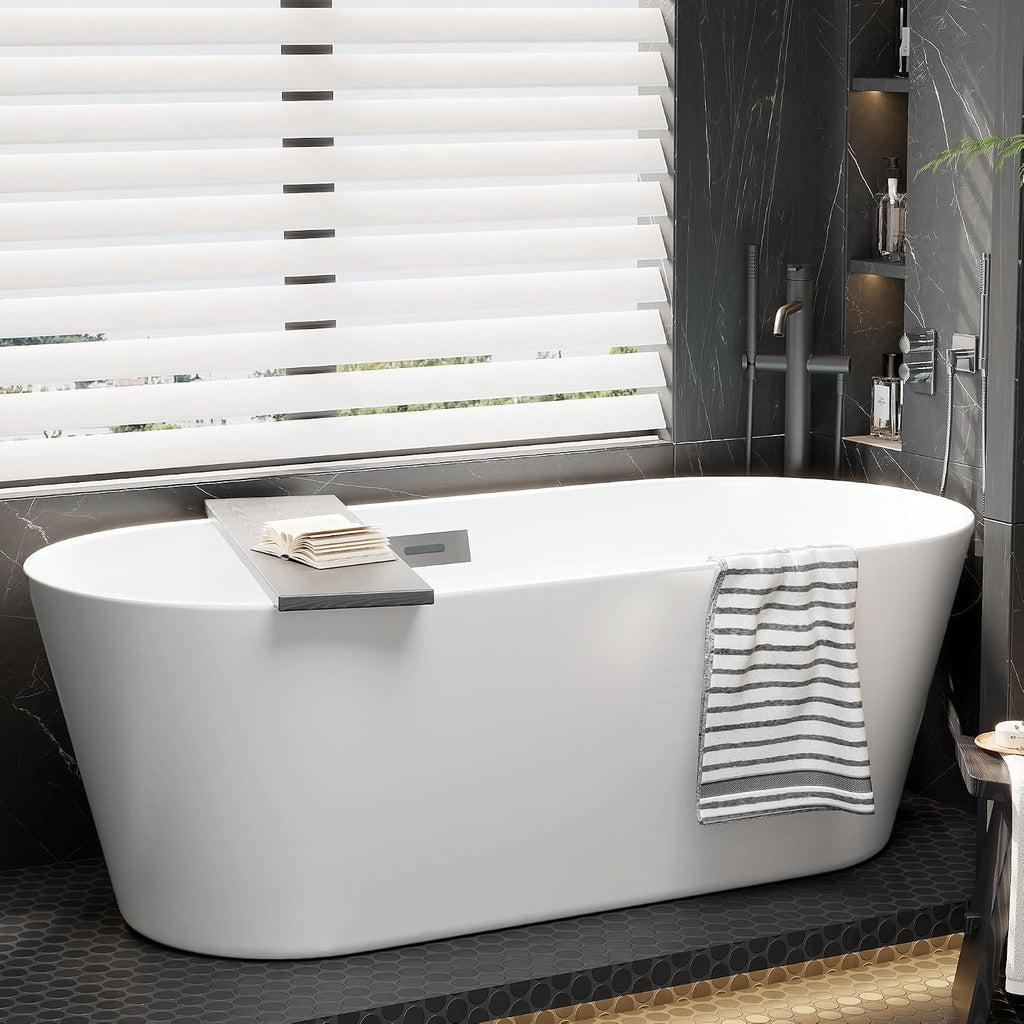 67-Inch Freestanding Acrylic Bathtub in White Finish | Chrome Drain & Overflow with Ergonomic Oval Design | Modern Soaking Tub for Family & Guest Bathrooms