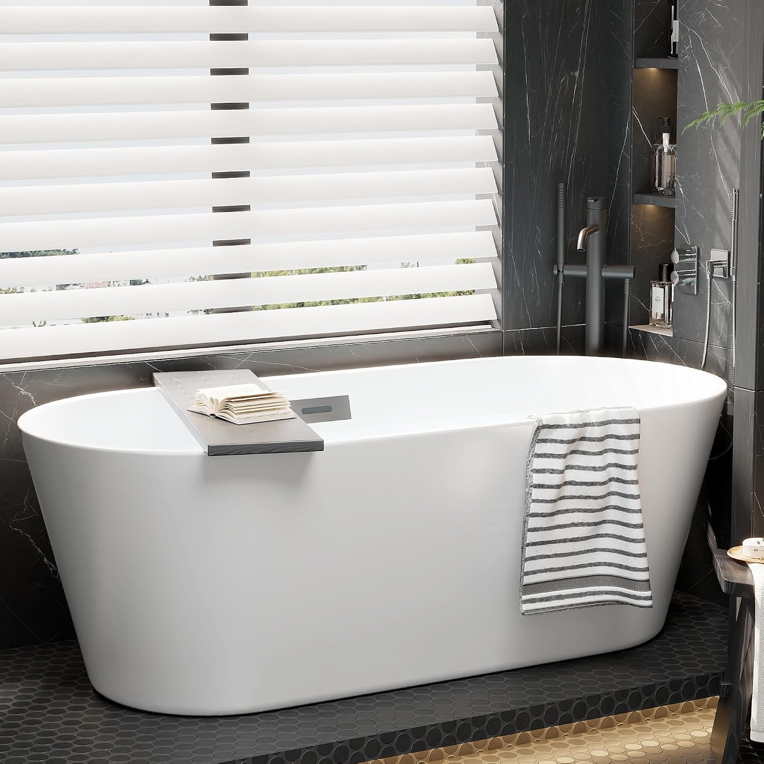 67-Inch Freestanding Acrylic Bathtub in White Finish | Chrome Drain & Overflow with Ergonomic Oval Design | Modern Soaking Tub for Family & Guest Bathrooms