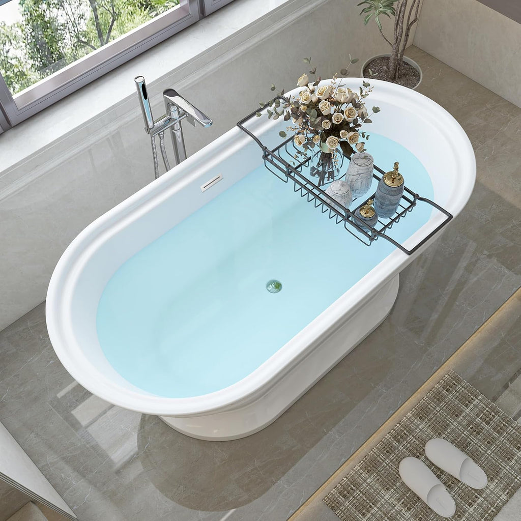HomeBeyond 59 Inch Free Standing Bathtub | Acrylic Freestanding Soaking Tub, Classic Bathroom Stand Alone Tub Suitable Single Person Bathing, Polished Chrome Overflow