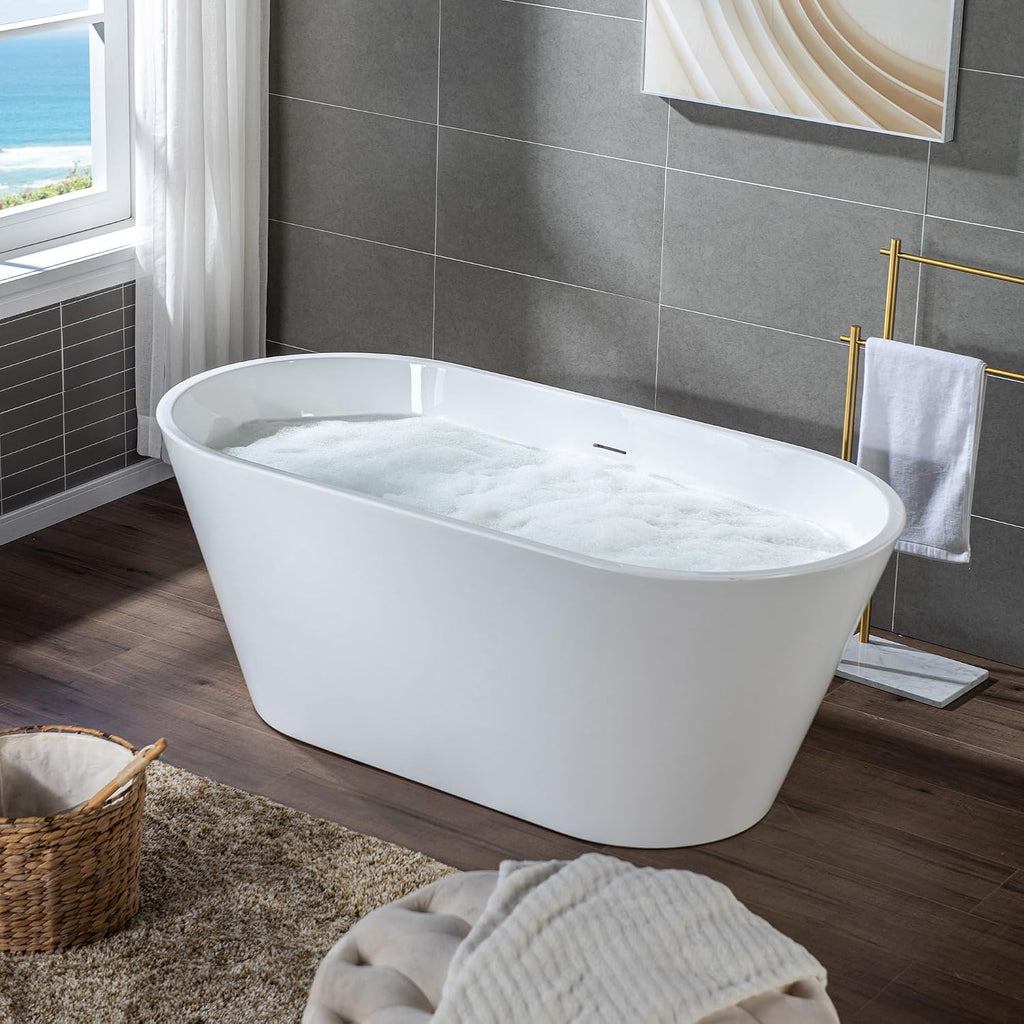 WOODBRIDGE 59 X 29.5 X 22.8' freestanding soaking bathtub with matte black drain included, White WE009