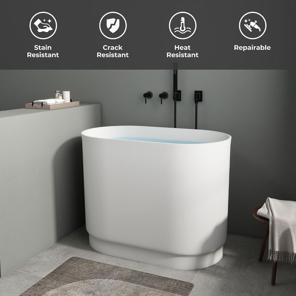 SJ Star&Jane 39' Solid Surface Japanese Soaking Bathtub Stone Resin Freestanding Tub Deep Soaking Bathtub Sit-In Design with Drain and Overflow