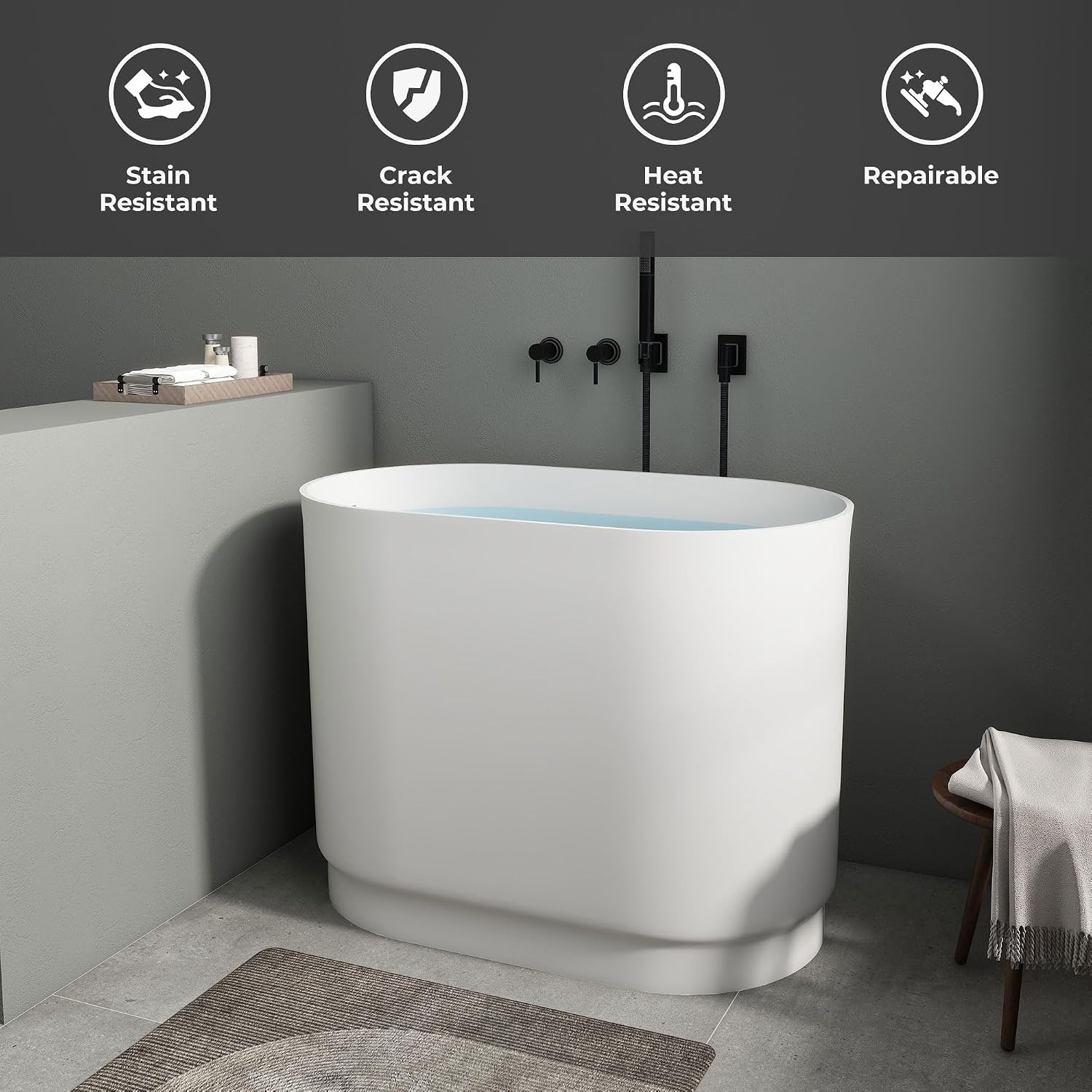 SJ Star&Jane 39' Solid Surface Japanese Soaking Bathtub Stone Resin Freestanding Tub Deep Soaking Bathtub Sit-In Design with Drain and Overflow
