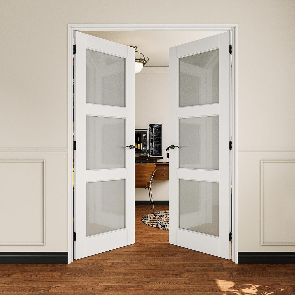 French Door 56' x 80' (Double 28' x 80') 3-Lite Frosted Glass Door Slabs with Pre-Hung Jamb, Black Hinges, Levers and Latch, White Primed, French Interior Doors with Frame, Swing Double Bedroom Doors