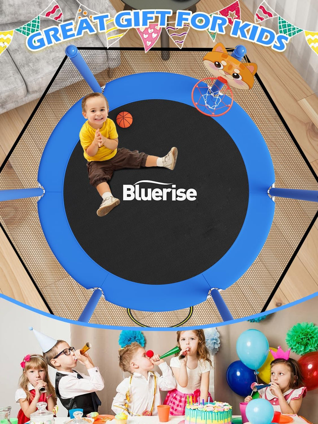 BLUERISE 60' Trampoline for Kids 5FT Toddler Trampolines Indoor/Outdoor with Adjustable Gymnastics Bar & Safety Net, No-Gap Design, Anti-Rollover Bottom, Basketball Hoop, Gifts for Boys & Girls