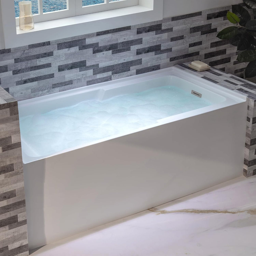 WOODBRIDGE 60' Acrylic Rectangular Alcove Soaking Bathtub in White with Right Drain, Chrome Pop-Up Drain Included BA6030R