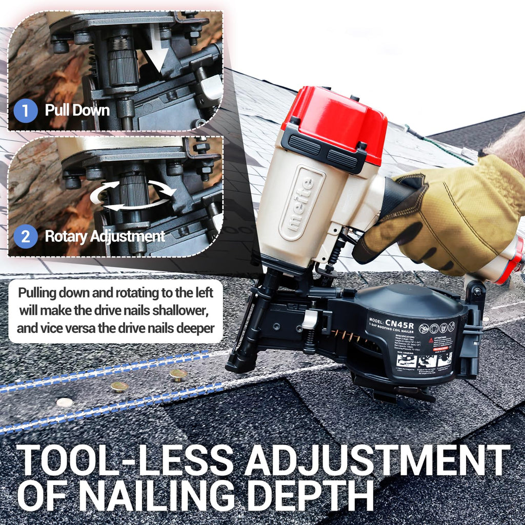 meite Roofing Nail Gun CN45R with 1-3/4-Inch Coil Roofing Nails, Electro Galvanized 15 Degree Big Head Wire-Collated Smooth Shank for Asphalt Roofing Shingles Lathing