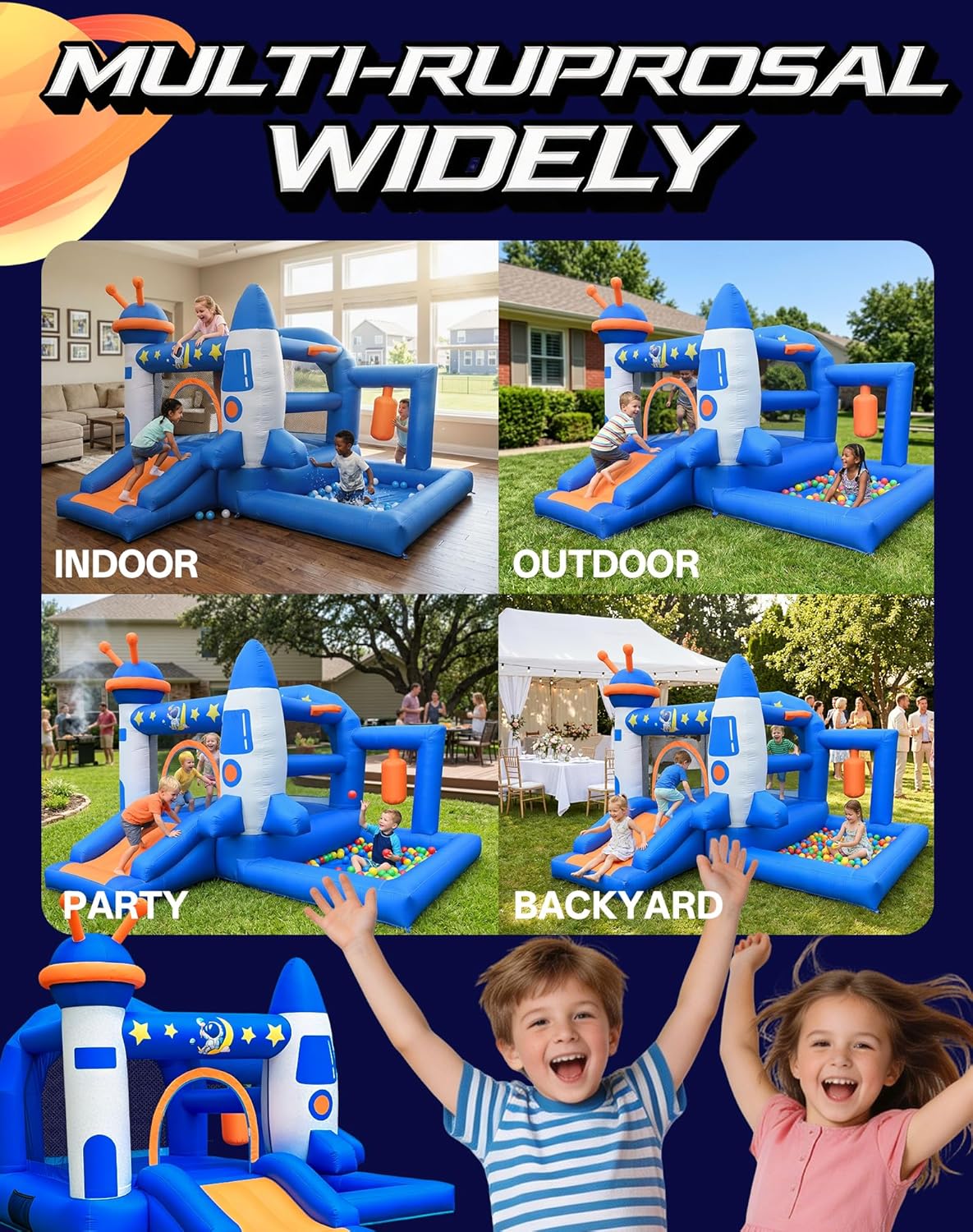 Kid Bounce House, Space Rocket Theme Inflatable Bounce House for 3-6 with 370W Blower, Basketball Hoop, Slide, Ball Pit (Balls Not Included), Storage Bag, Bouncy Castle for Indoor Outdoor Use