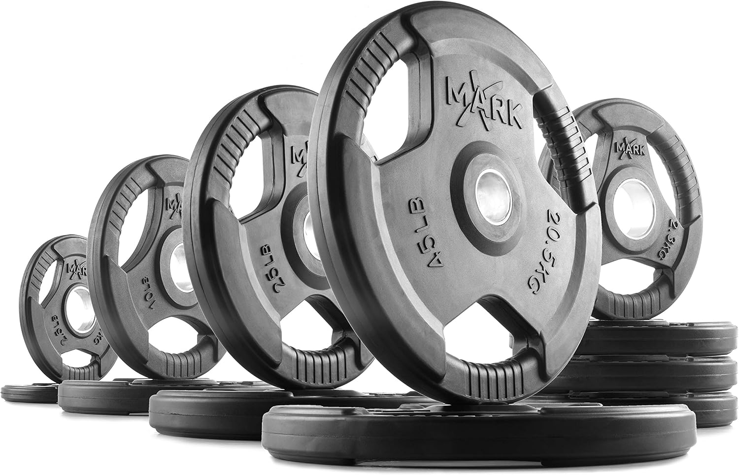 XMARK TRI-GRIP Pair or Set of Olympic Weight Plates, Rubber Coated Exercise Weights for Olympic Barbell, Strength Training Weight Set for Home Gym