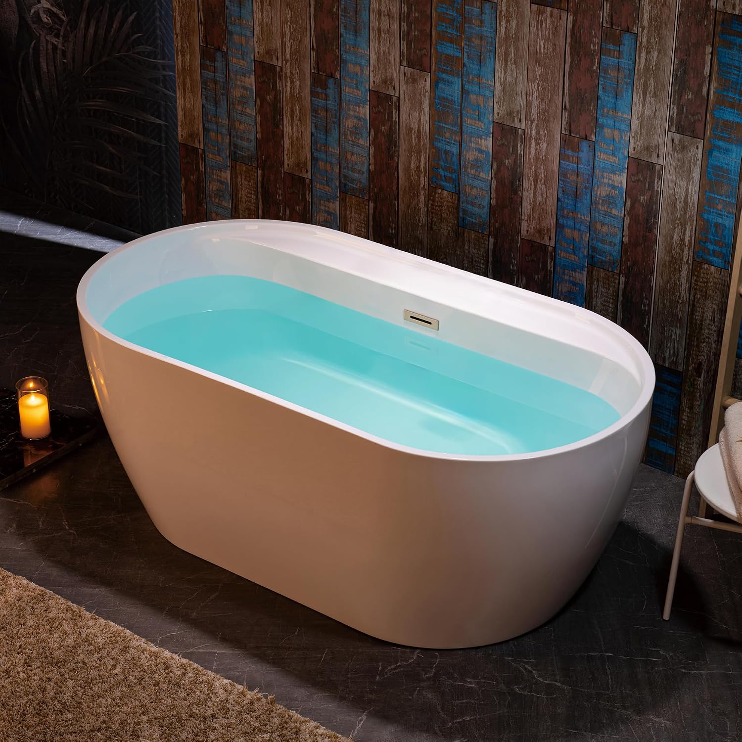 WOODBRIDGE 59' Acrylic Freestanding Bathtub Contemporary Soaking White Tub with Brushed Nickel Overflow and Drain,B0064-B/N