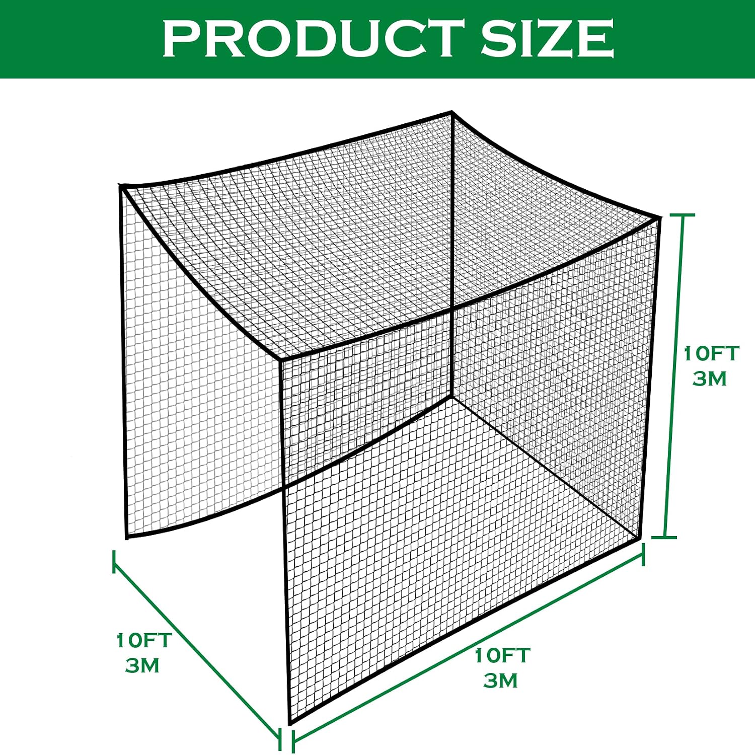 Golf Batting Cage Netting Golf Practice Nets, 10ft x 10ft x 10ft Frame NOT Included, with 4 Carabiners and 2 Tie Rope, for Backyard, Black